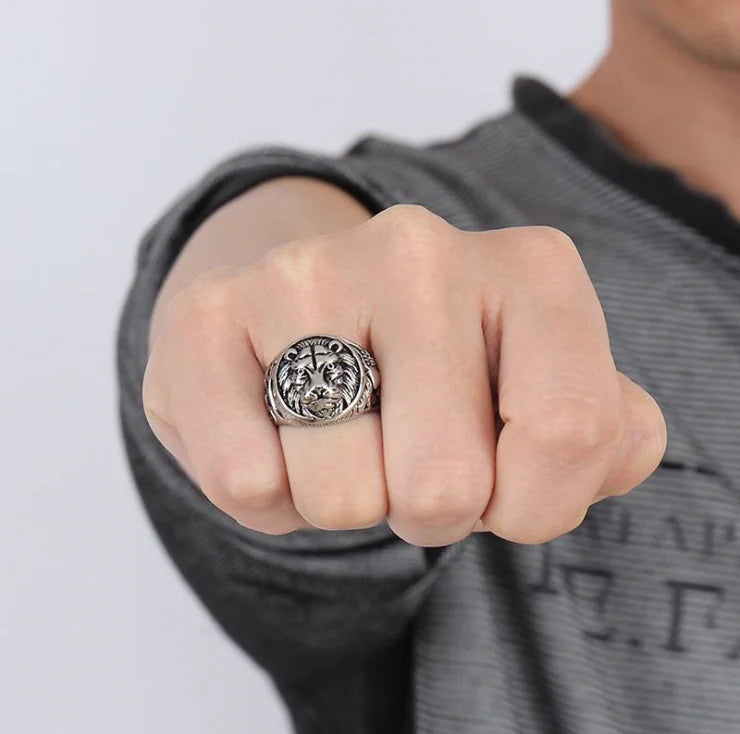 Vintage Stainless Steel Lion Head Ring for Men