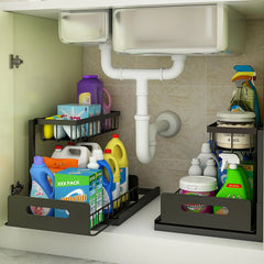 Slide-Out Dual Cabinet Organizer for Kitchens and Bathrooms