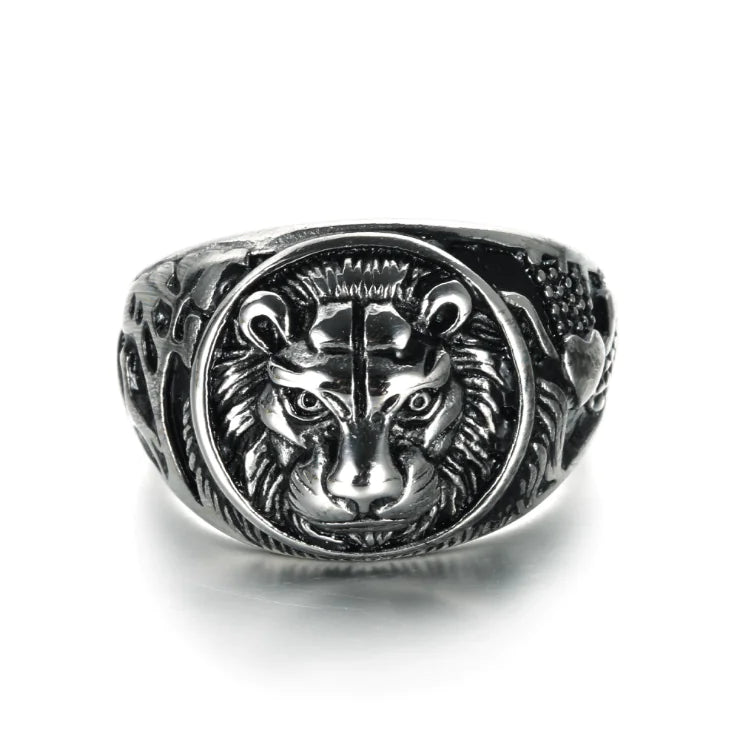 Vintage Stainless Steel Lion Head Ring for Men