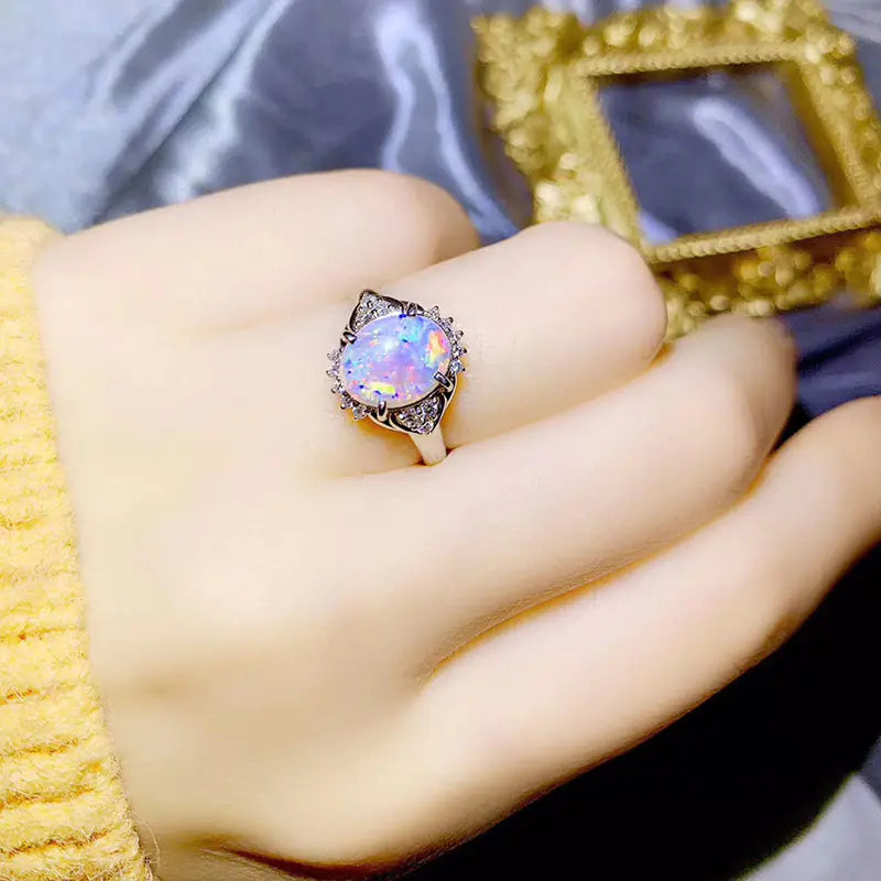 Natural Opal Silver Ring for Women's Fashion