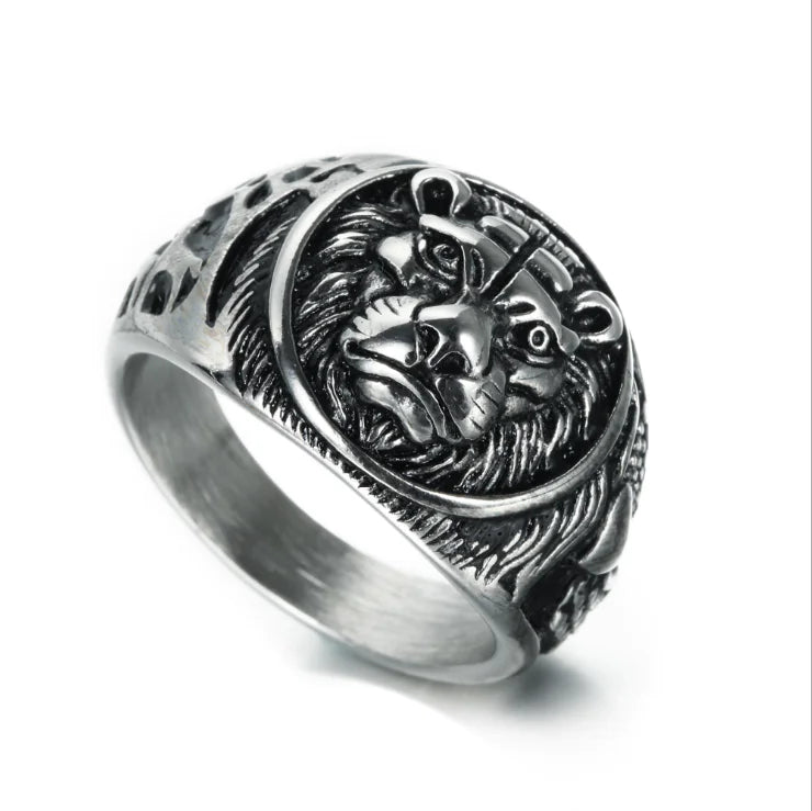 Vintage Stainless Steel Lion Head Ring for Men