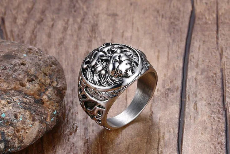 Vintage Stainless Steel Lion Head Ring for Men